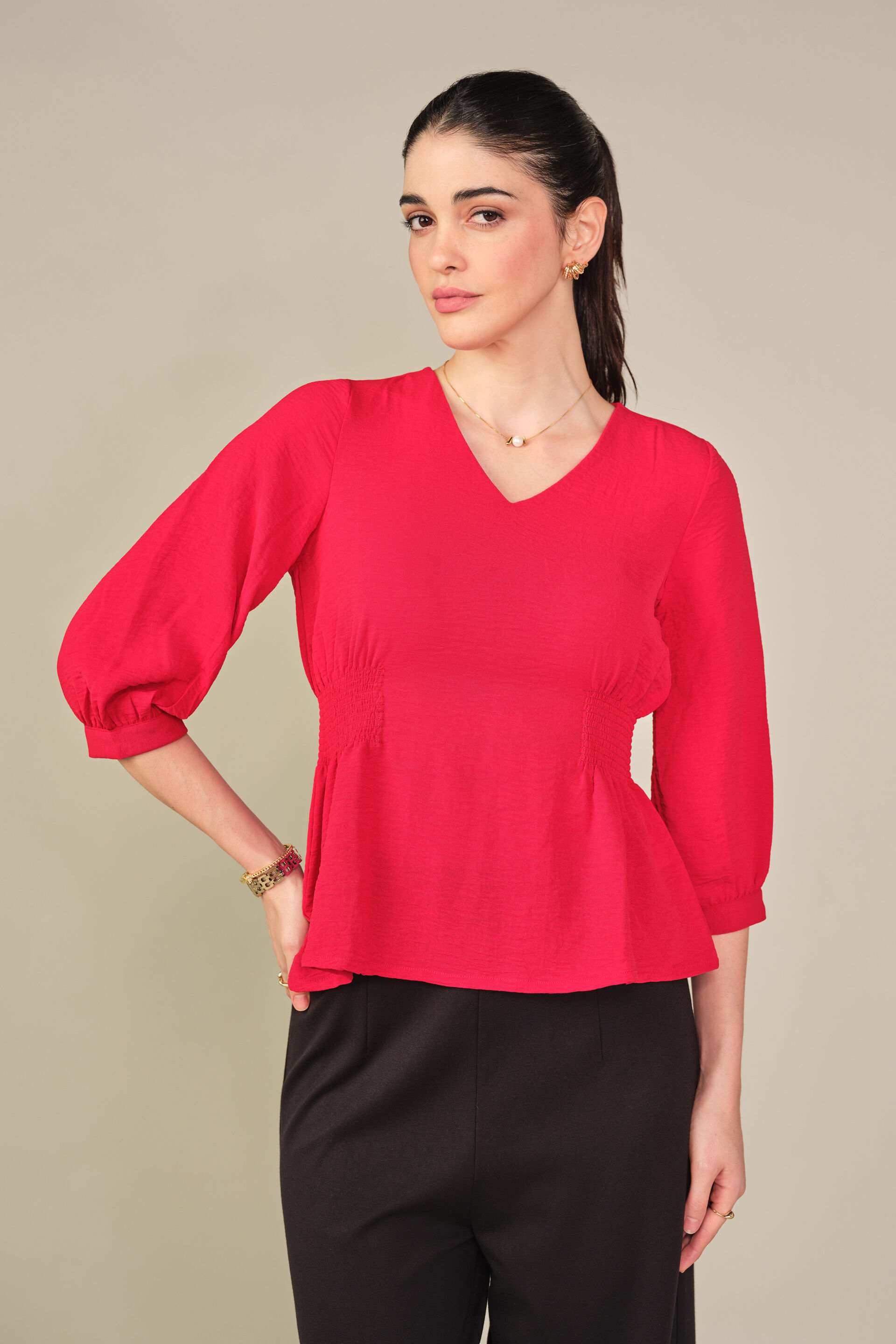 Side Smocked Top in Red